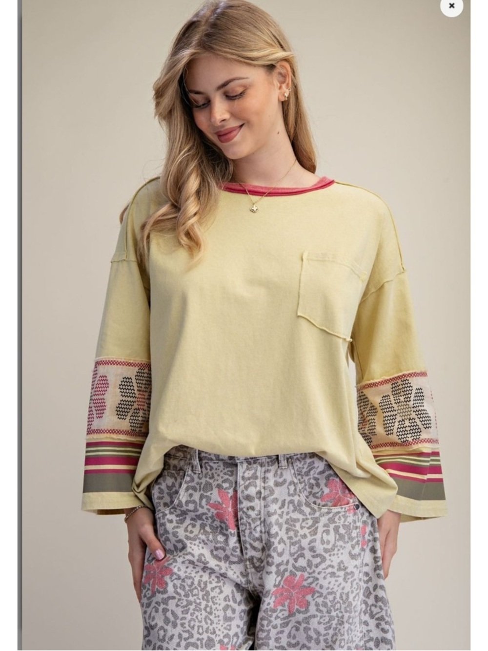 NWOT EASEL Yellow Long Sleeve Top with Pink Trim and Multicolor Sleeve Detail